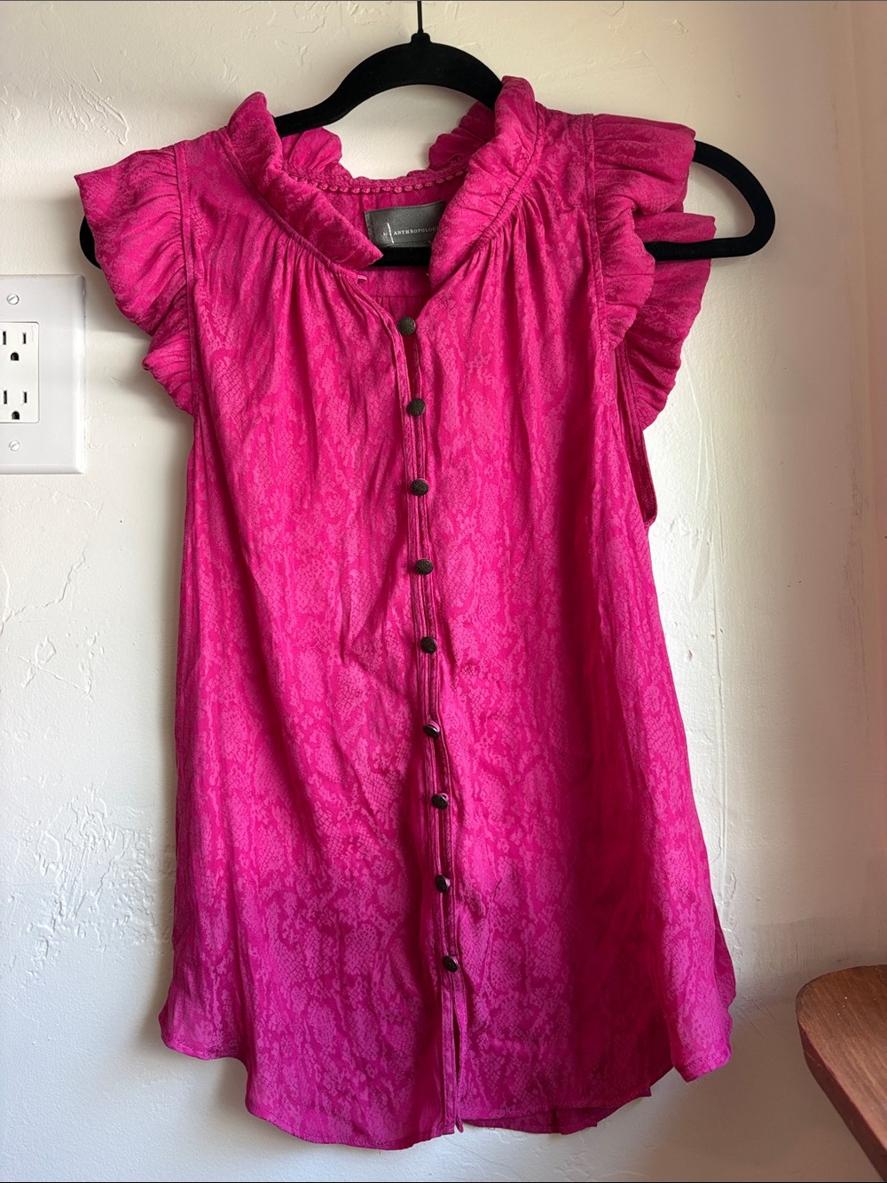 Anthropologie Hot Pink Ruffle Sleeve Button-Down Blouse